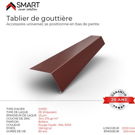 Tablier de gouttière - bac acier - tôle de couverture - Toiture - Coloris Rouge Oxyde RAL 3009 L=2m, épaisseur 0.50mm (1/2)