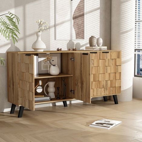 Buffet 160,5x35,5x78 cm – portes à motif géométrique et pieds noirs – teinte bois (1/5)