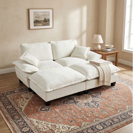 Sofá esquina modular con 2 otomanos móviles y 2 cojines, en felpa beige (1/5)