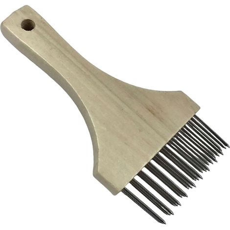 Attendrisseur de viande, outil manuel compact avec aiguilles en acier inoxydable et manche en bois, de couleur blanche. (1/5)