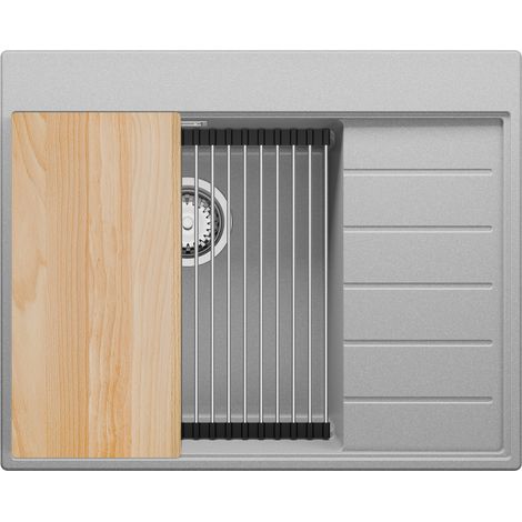 PRIMAGRAN Evier Cuisine en Granit 62x50cm, Lavabo 1 bac + Kit de Vidage + Accessoires, Évier à Encastrer au meuble 45cm - Sydney, Gris (1/5)