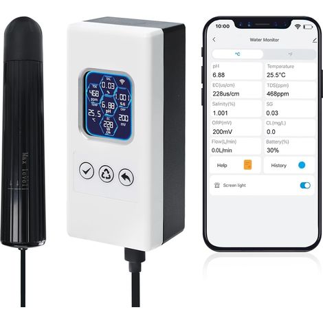 Testeur d’Eau Intelligent 7 en 1, Moniteur d’Eau sans Fil WiFi Mesurant pH/ORP/TDS/EC/Salinité/SG/TEMP, Appareil de Mesure avec Connexion App et Alertes en Temps Réel pour Aquarium, Bassin (1/5)