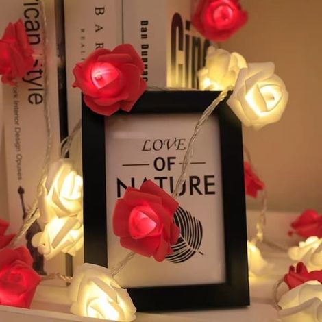Guirlande lumineuse LED avec roses, idéale pour les demandes en mariage romantiques, les mariages, les anniversaires, Noël, à décorer soi-même en intérieur et en extérieur (rouge et blanc, 1,5 mètre). (1/5)