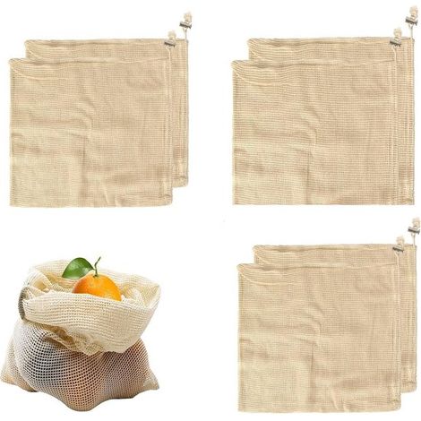 Bolsas de malla (6 unidades), Bolsas de malla de algodón, Bolsas de compra de algodón, Reutilizables, Lavables, Aptas para guardar fruta, Beige (1/5)