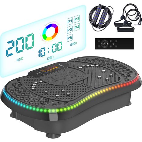 Vibrationsplattform, 200 Intensitätsstufen, 5 voreingestellte Programme, inklusive Widerstandsband und Springseil, Fernbedienung, integriertem Bluetooth, LED-Stimmungsbeleuchtung, Schwarz