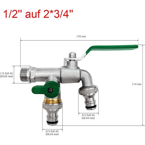 Ortviai – Doppel-Gartenwasserhahn aus Massivmessing – Eingang 1/2 Zoll auf 2 Abgänge 3/4 Zoll – frost- und druckfest, Dichtungsband inklusive (1/5)