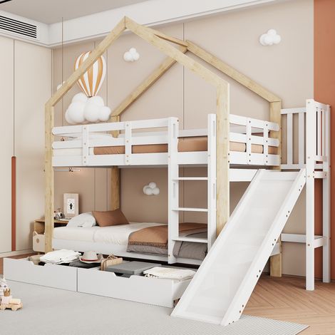 Fortuna Lai – Lit superposé enfant 90x200cm – lit cabane avec toboggan, échelle sécurisée, 2 tiroirs – bois massif blanc et naturel (1/5)