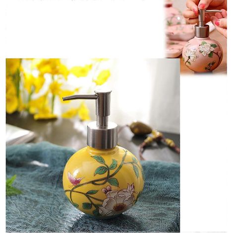 Distributeur de savon céramique fait main flacon lotion peint style chinois pompe métal rechargeable pour salle de bain cuisine douche bleu jaune (1/5)