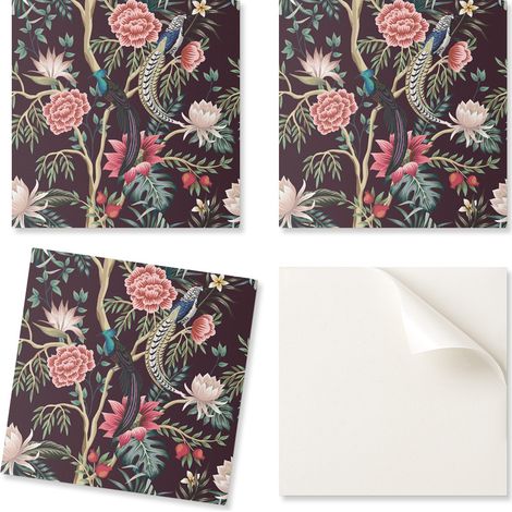 Paquete de baldosas de vinilo estampadas listas para instalar con dise帽o floral y p谩jaros, 4x50x50 cm.