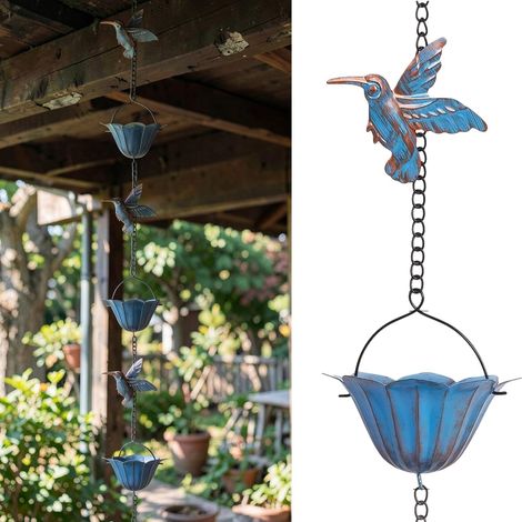 Chaînes de pluie pour gouttières, 2,4 m, vintage, en fer bleu, chaîne de pluie avec 7 colibri et tasses