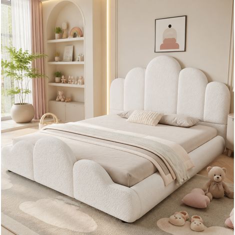Etagenbett 140/200 cm en beige bouclé, con somier de láminas y diseño nube (1/5)