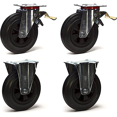 Lot de 4 roulettes pivotantes à frein et fixes caoutchouc noir 250mm - 885 Kg (1/3)