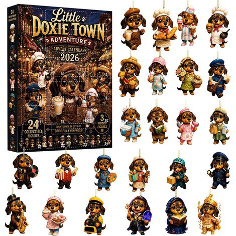 Coffret cadeau de Noël surprise teckel style européen, chiot de dessin animé en acrylique, figurine de teckel, coffret cadeau. (1/5)