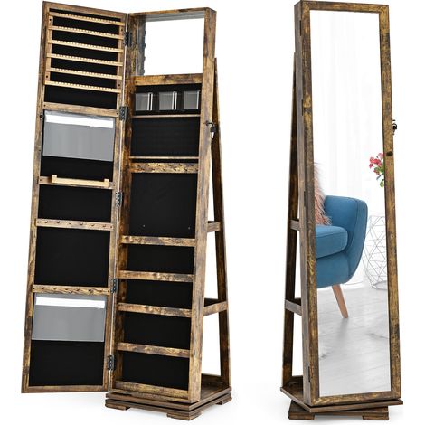 Armadio portagioielli girevole a 360° con specchio, Organizer gioielli 2 in 1 a figura intera, Naturale (1/4)