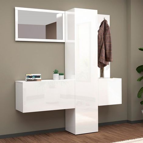 Ensemble de meubles d'entrée avec armoire à chaussures, miroir et porte-manteau – Dimensions 170x32x191 cm – Blanc laqué brillant (1/5)
