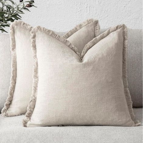 2 housses de coussin décoratives en lin à franges, 45 x 45 cm, style bohème avec pompons, pour canapé et salon (1/5)