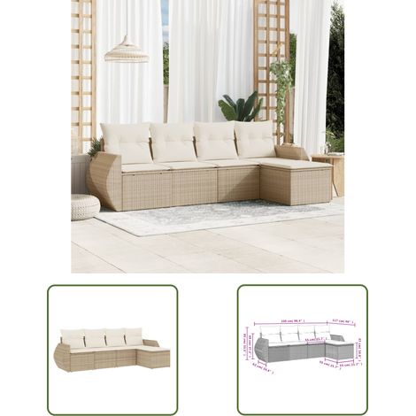 The Living Store 5-tlg. Garten-Sofagarnitur mit Kissen Beige Poly Rattan - Gartenmöbel Set - PE-Rattan Möbel - Outdoor Lounge - Garten Sofa - Esstisch Set (1/3)