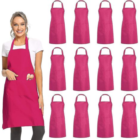 Lot de 12 tabliers unis à 2 poches - Tabliers roses unisexes de qualité professionnelle pour la cuisine