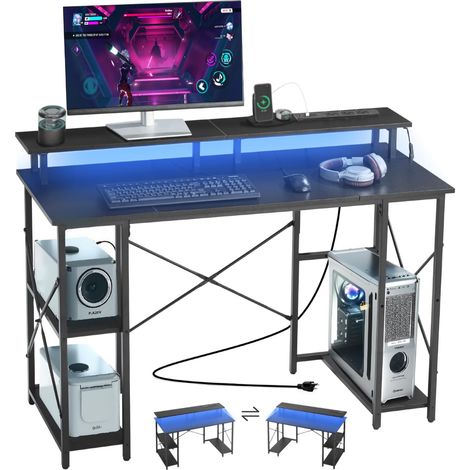 Bureau d'ordinateur 120x50x86,5 cm avec éclairage LED et Prises de Courant, Table de Bureau Informatique avec Support d'écran et étagères de Rangement réversibles à 2 Niveaux, Noir (1/5)