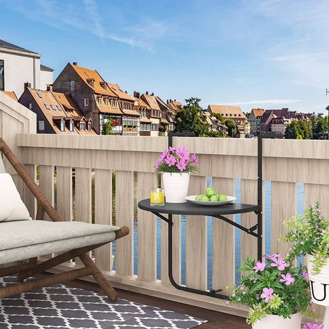 WOLTU Balkonhängetisch, Balkontisch zum Hängen, Hängetisch klappbar Beistelltisch Gartentisch, Klapptisch mit 3 Höhen, 2 Tassenhalterungen, in Rattan-Optik, 59,5x39 cm Schwarz