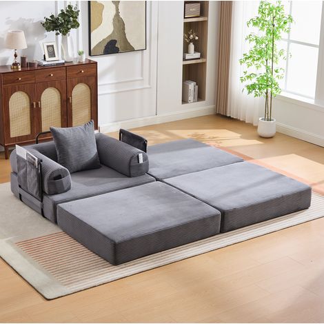 Canapé modulable en velours côtelé gris foncé 190x112x67 cm avec pouf, coussin et poche latérale (1/5)
