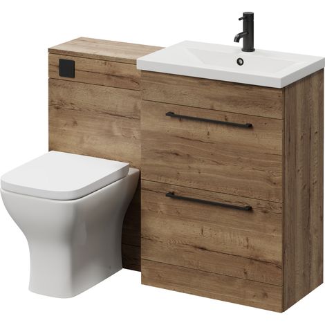 Napoli 390 Tobacco Oak 1100mm 2 Drawer Vanity Unit Toilet Suite with Glide Basin - 1100mm - Matt Black 320mm HandleWith Kingston Toilet Pan and Seat