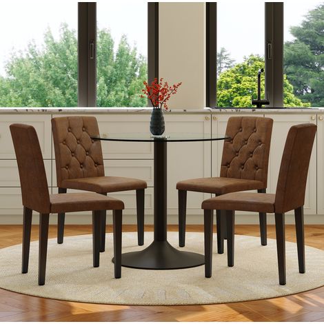 Set tavolo e sedie da pranzo in vetro e metallo, marrone/nero, 4 posti, design rétro compatto (1/5)