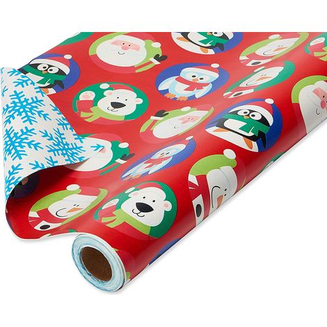 Papier cadeau de Noël réversible – rouleau jumbo, Père Noël et flocons, 175 pieds carrés