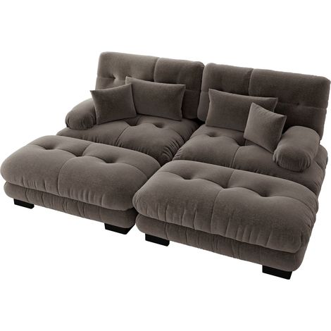 Sofá esquinero modular de chenilla marrón con 2 cojines lumbares, 2 cojines decorativos y 2 otomanas (1/5)
