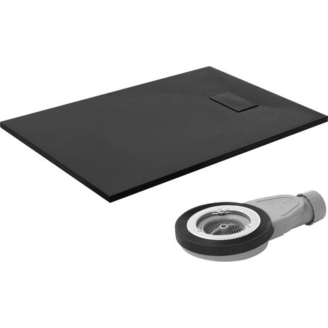LuxeBath Duschwanne 120x80 cm Schwarz mit Ablaufgarnitur, Extra flache & robuste SMC Duschtasse, Rechteckige Brausewanne H:30 mm, Design Brausetasse Anti-Rutsch-Oberfläche in Schieferoptik mit Siphon (1/5)