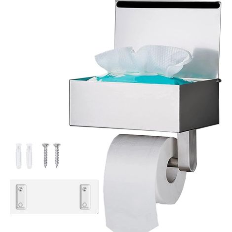 Toilettenpapierhalter Ohne Bohren, Edelstahl Silber Toilettenpapierhalter Mit Feuchttücherbox, Klopapierhalter mit Ablage, Großformat WC Papier Halterung für Küche und Badzimmer (1/5)