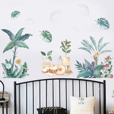 Stickers décoratifs muraux pour chambre à coucher ou salon avec motif de plantes vertes et de chat (1/5)