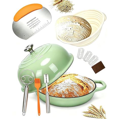 Cast Iron Casserole with Lid, Cast Iron Casserole, Bread Pan with Fermentation Basket, Slicer, Dough Mixer, Cast Iron Saucepan for Cooking, Baking (1/5)