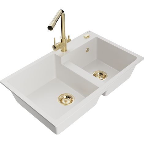 Mexen Tomas fregadero de granito de 2 compartimentos con grifo de cocina Duero, blanco - 6516-20-671600-50 (1/5)