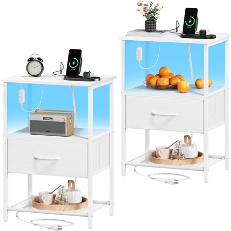 Somdot – 2 Table de Chevet LED avec Station de Charge – Dimensions 30 x 40 x 59,5 cm – 1 tiroir en Tissu –  Blanc