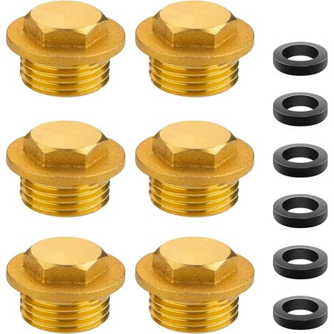 Lot de 6 Bouchons en Laiton, Filetage Extérieur de 1/2" - avec Anneau en Caoutchouc, pour Raccord de Tuyau Salle de Bain, Chauffage et Système d'eau Potable, Tuyaux d'eau, Vannes, Radiateur (1/5)