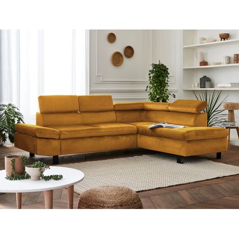 Nairobi - ecksofa mit schlaffunktion - samtsofa - 5 sitzplätze - mit kopfstützen - rechts. - gelb