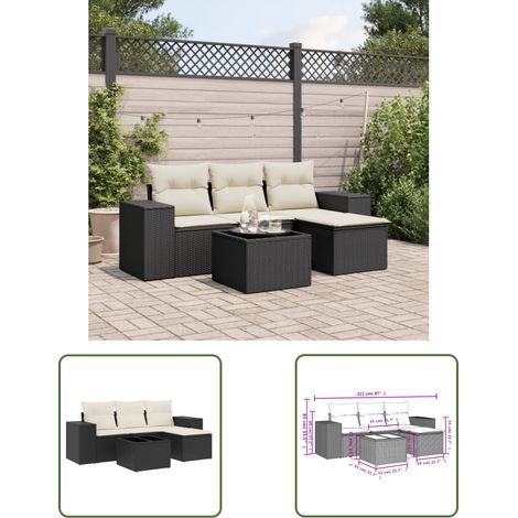 The Living Store Salon de jardin 5 pcs avec coussins noir résine tressée - Ensemble Salon De Jardin - Meuble De Jardin - Résine Tressée - Rotin Synthétique - Mobilier Extérieur (1/3)