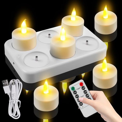 6 bougies LED rechargeables avec fonction minuterie, télécommande et station de charge, bougies LED rechargeables pour chambre, salon, Halloween, Noël, table et fête (1/5)