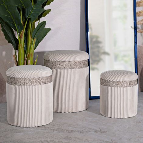 Pouf mit Stauraum Ghanzi, 3er-Set, rund, Stoffstruktur, 41x41x50h cm Beige (1/5)