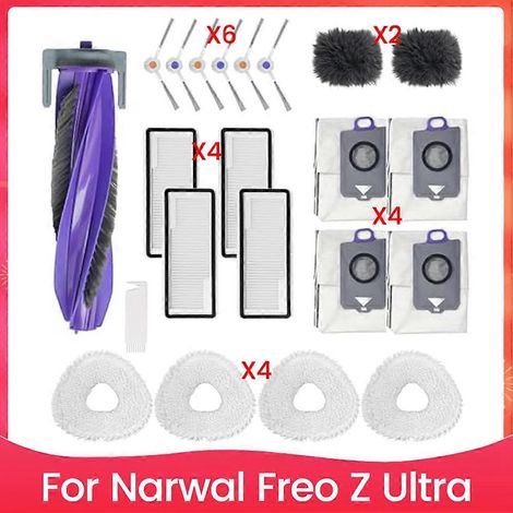 Pour aspirateur robot Narwal Freo Z Ultra : 1 brosse principale, 6 brosses latérales, 4 filtres HEPA, 4 serpillères, 4 sacs à poussière, 2 chiffons pour plinthes. (1/5)