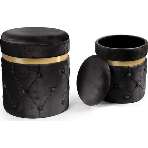 Set aus 2 schwarzen/goldenen Poufs mit Stauraum Ø38x44 und Ø31x38 cm