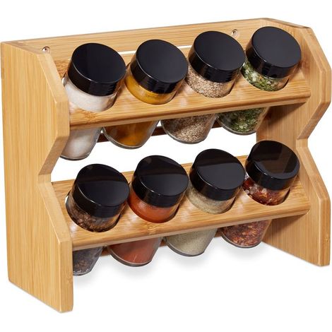 Relaxdays – Étagère à épices en bambou 2 étages avec 8 pots en verre – Rangement hermétique avec couvercle à vis – Dimensions 20x25,5x10 cm (1/5)