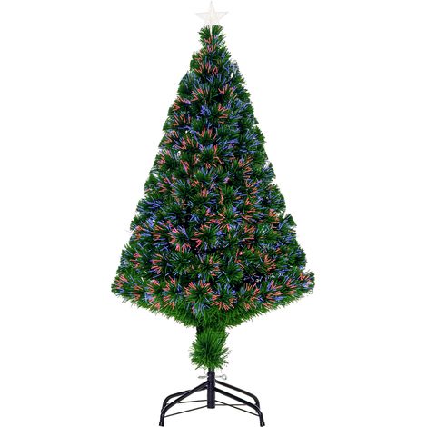 Sapin Noël artificiel lumineux 120 cm, fibre optique multicolore + support pied, 130 branches, étoile LED, vert (1/5)