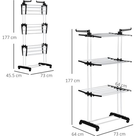 Séchoir à linge mobile sur roulettes, 4 étages, hauteur réglable, finition noire, dimensions 73 x 45,5 x 177 cm, idéal pour un séchage compact et pratique. (1/5)