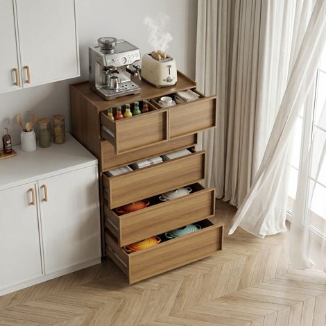 Comò 80x48x127 cm rovere in MDF e truciolare con 6 cassetti e guide metalliche (1/5)