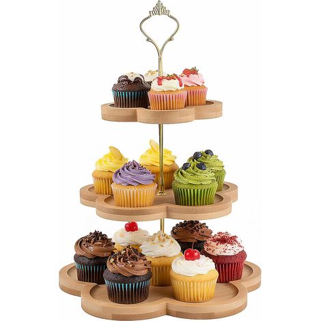 Présentoir à Gâteau en Bois 3 Étages, Présentoir à Muffins avec Poignée en Métal, Support à Cupcake à 3 Niveaux, Présentoir Apéritif Buffet pour Mariage, Anniversaire, Thé de l'Après-midi (1/5)