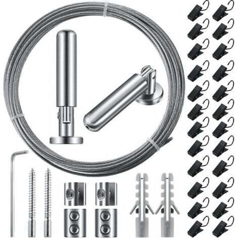 Tringle à rideau en fil métallique de 5 m (196 pouces) avec 24 clips réglables pour rideaux, décoration murale, photo, artisanat, fenêtre (1 ensemble) (1/5)