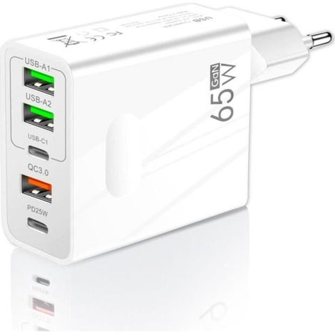 3-Stars Chargeur Usb 65W 5 Ports : 2 Usb-C + 3 Usb-A Charge Rapide-Qc 3.0 Prise Usb Multiple Compatible Avec De (1/4)