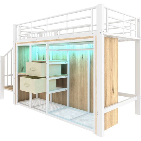 Cama media altura 90 x 200 cm con 2 cajones, armario abierto y LED multicolor, blanca (1/5)